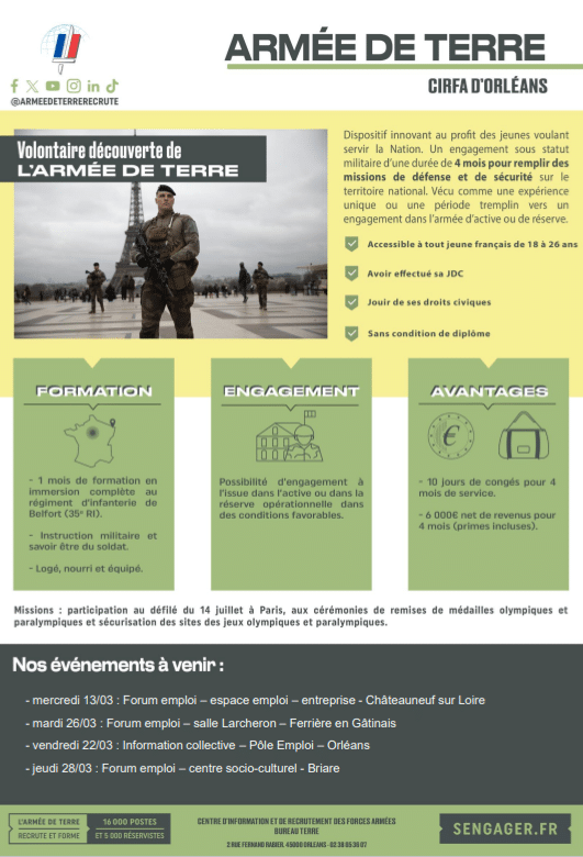 L&rsquo;Armée de terre recrute des volontaires pour un engagement de 4 mois.