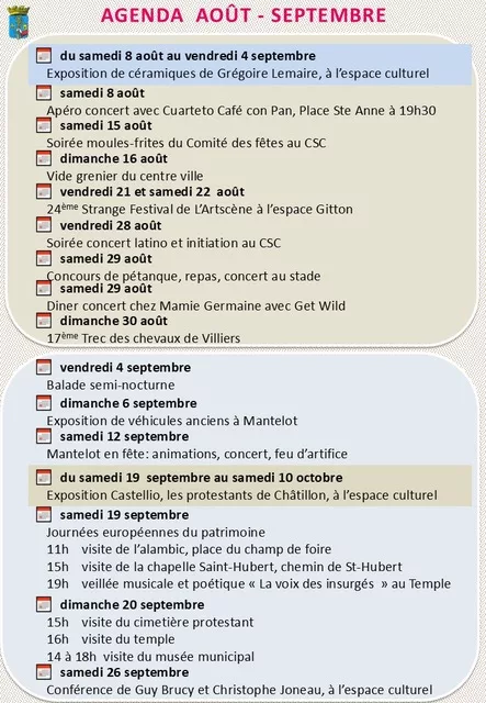 Agenda municipal d’août et septembre : concerts, vide-grenier, festival Strange, pétanque, patrimoine, expositions et conférences