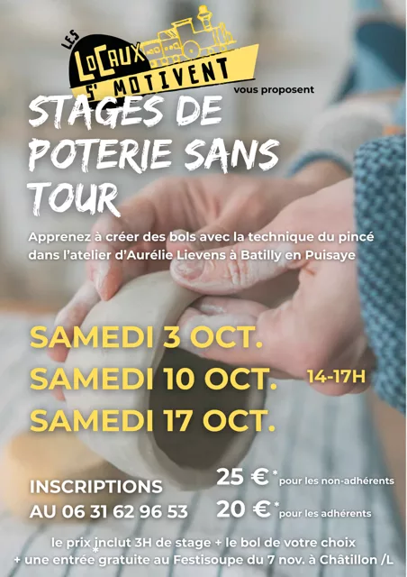 Affiche des stages de poterie sans tour des 3, 10 et 17 octobre 2026