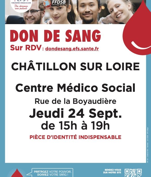 Don de sang le jeudi 24 septembre de 15 à 19 heures au centre médico-social