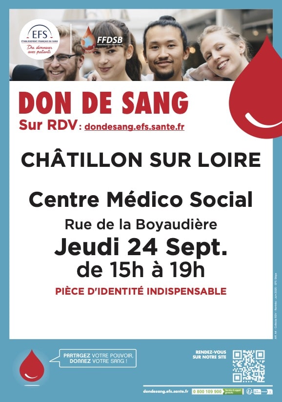 Don de sang le jeudi 24 septembre de 15 à 19 heures au centre médico-social