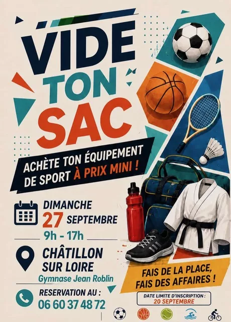 Affiche Vide ton sac : vente d’équipements de sport dimanche 27 septembre de 9 h à 17 h au gymnase Jean-Roblin, réservation au 06 60 37 48 72